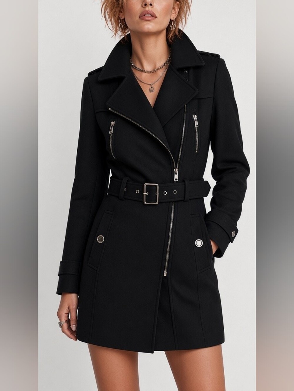 Suzy Shier Black Belted Asymmetrical Zip Trench Coat Jacket M 🖤